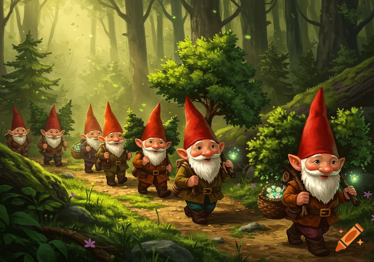 Illustration of a line of gnomes walking through a sunlit forest path.