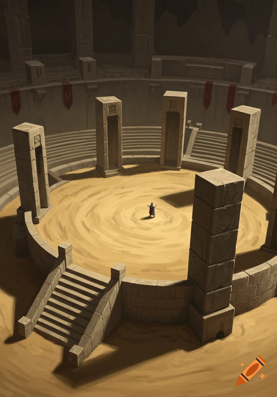 An artistic depiction of a circular sandy fighting arena surrounded by stone pillars and stairs, with a small figure standing in the center.
