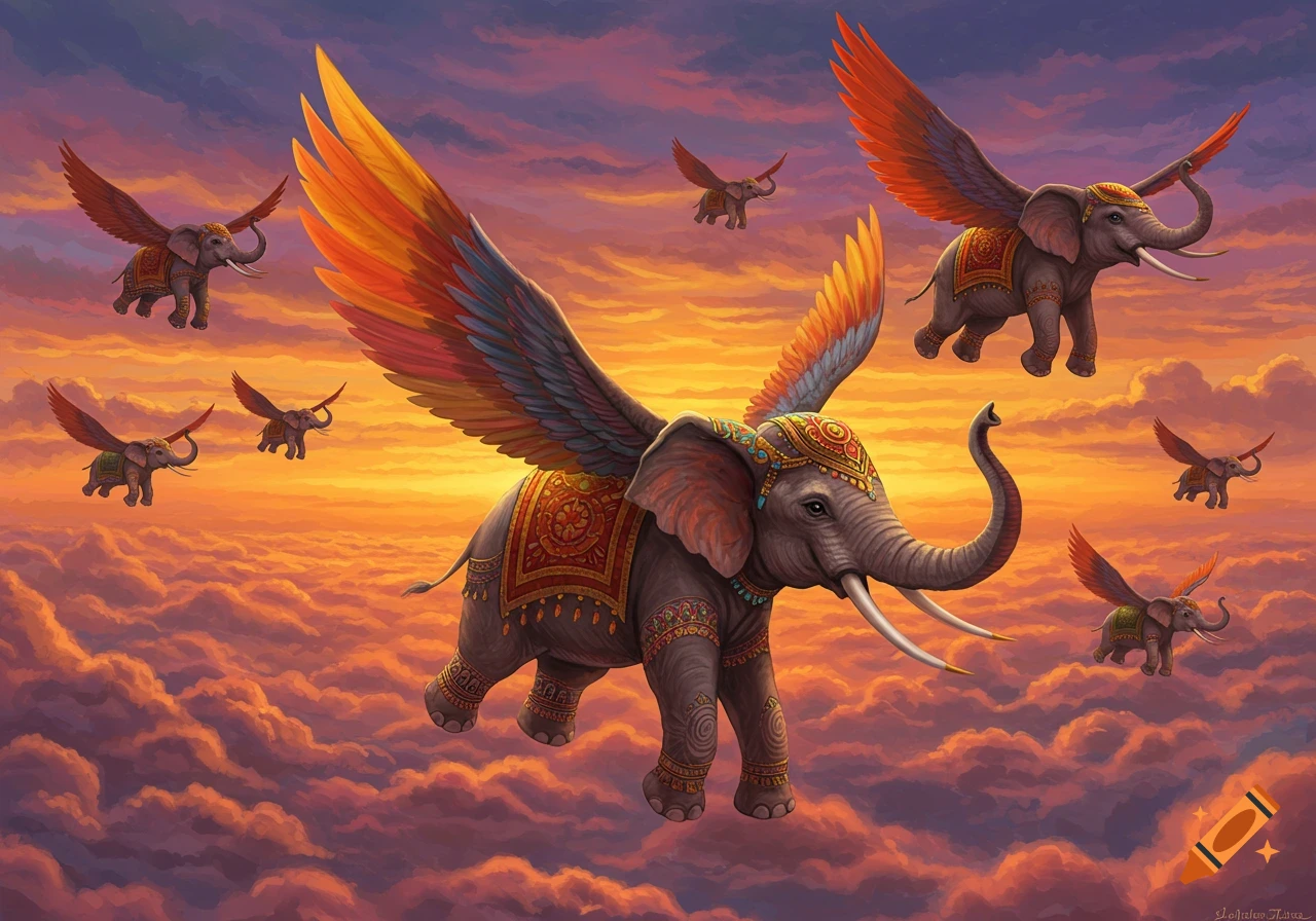 Ornately decorated flying elephants soar through clouds at sunset in a fantasy painting.