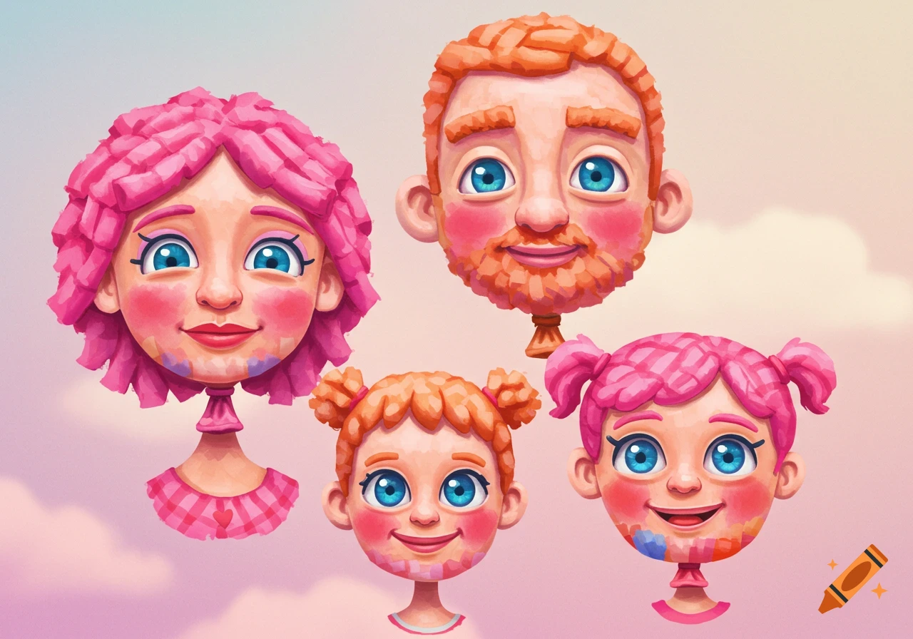 Illustration of four floating balloon heads depicting a family