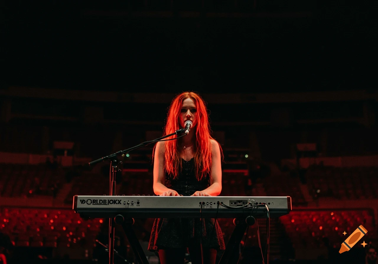 Redhead female keyboard player on stage at a concert with red lighting