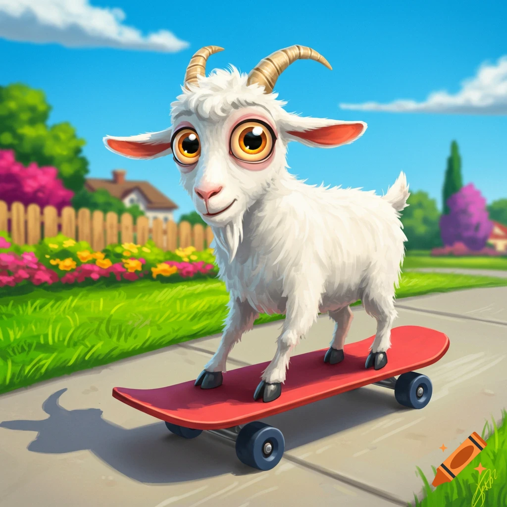 A cartoon goat rides a red skateboard on a sidewalk in a sunny neighborhood.