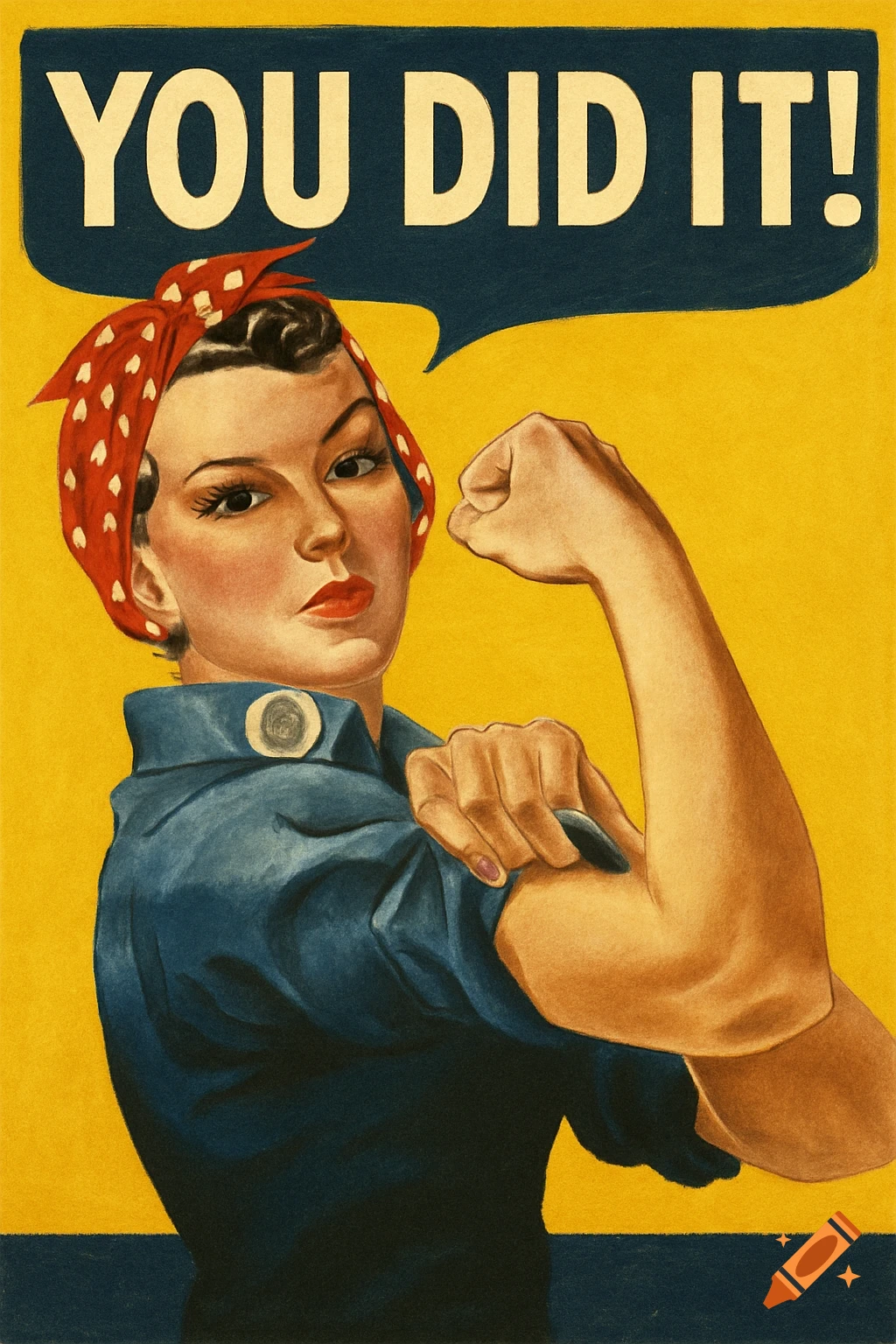Illustration of a woman in Rosie the Riveter style flexing her arm with 'YOU DID IT!' in a speech bubble.