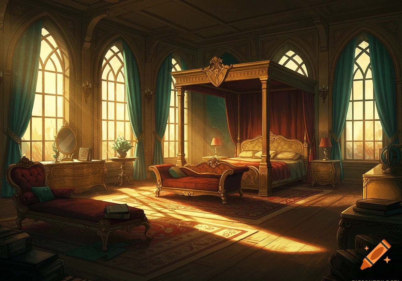 A lavish fantasy palace bedroom with a four-poster bed, chaise lounge, and large arched windows.