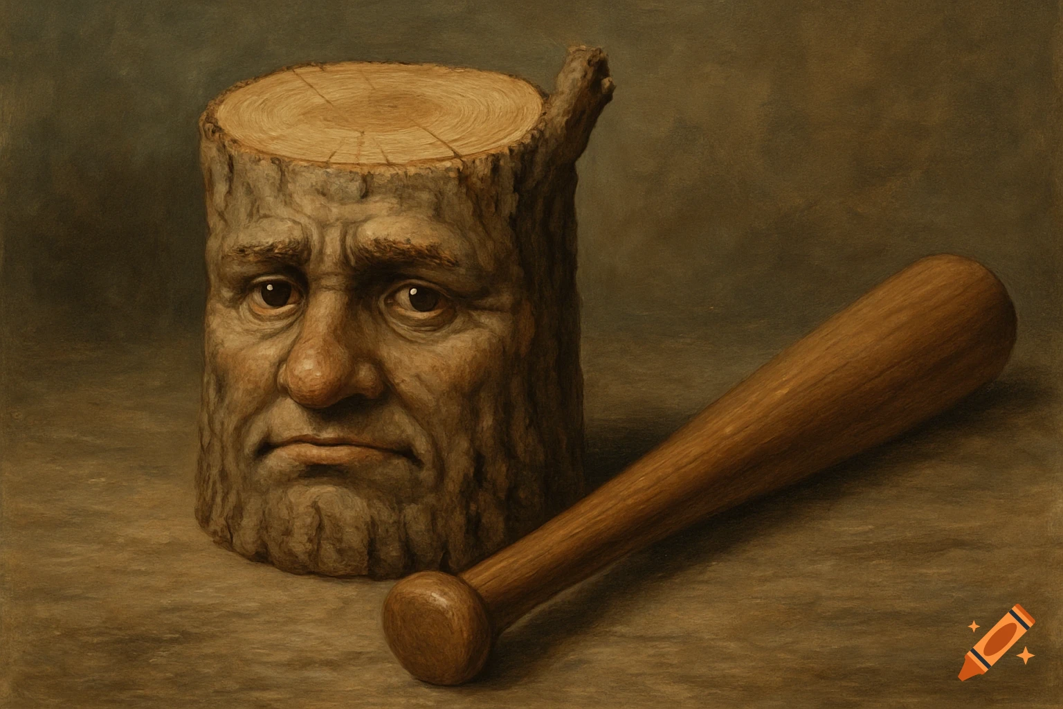 Realistic painting of a log with a face and a wooden baseball bat leaning against it.