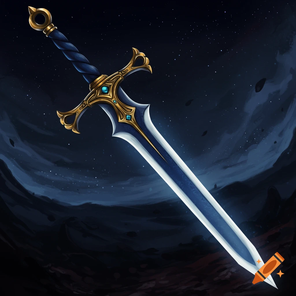 Detailed fantasy sword with a glowing blue blade and gold hilt against a dark, starry landscape.