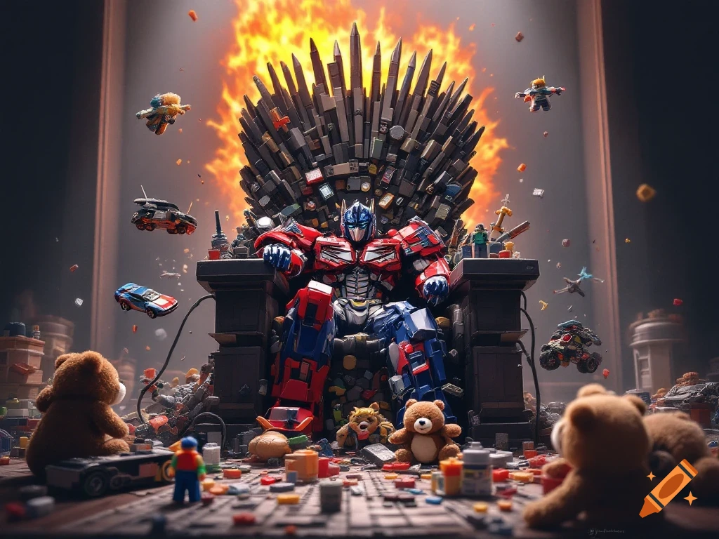 Optimus Prime sits on a throne made of toys amidst a battlefield of teddy bears and vehicles.