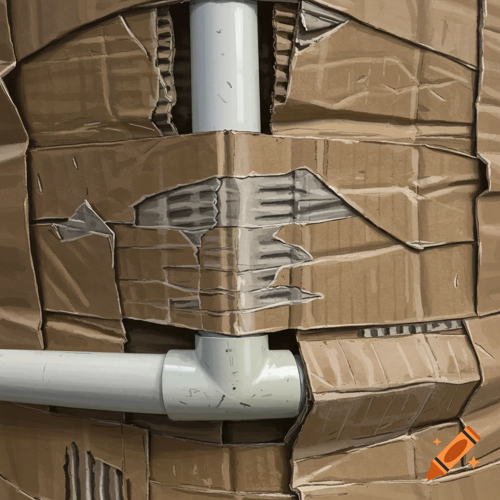 Close-up illustration of ripped cardboard wrapped around a white PVC pipe joint.