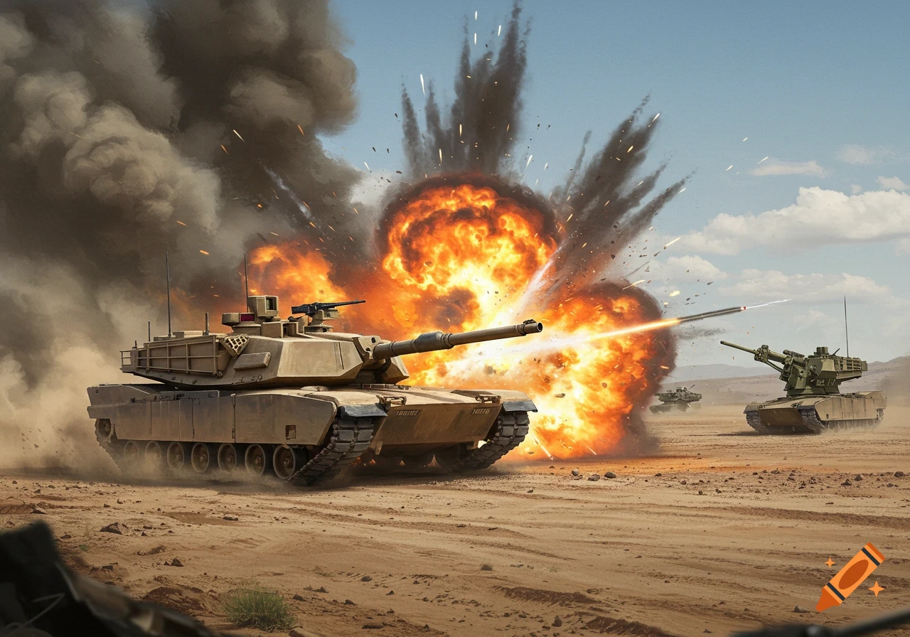 Military tanks engaging in combat with large explosions in a desert.