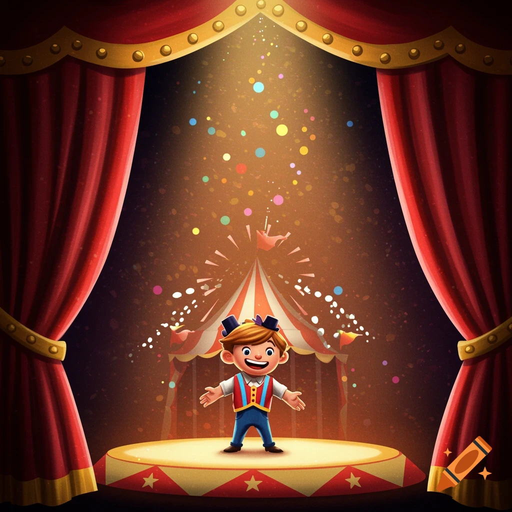 Cartoon boy on a stage in a circus ring under a spotlight with red curtains open and confetti falling.
