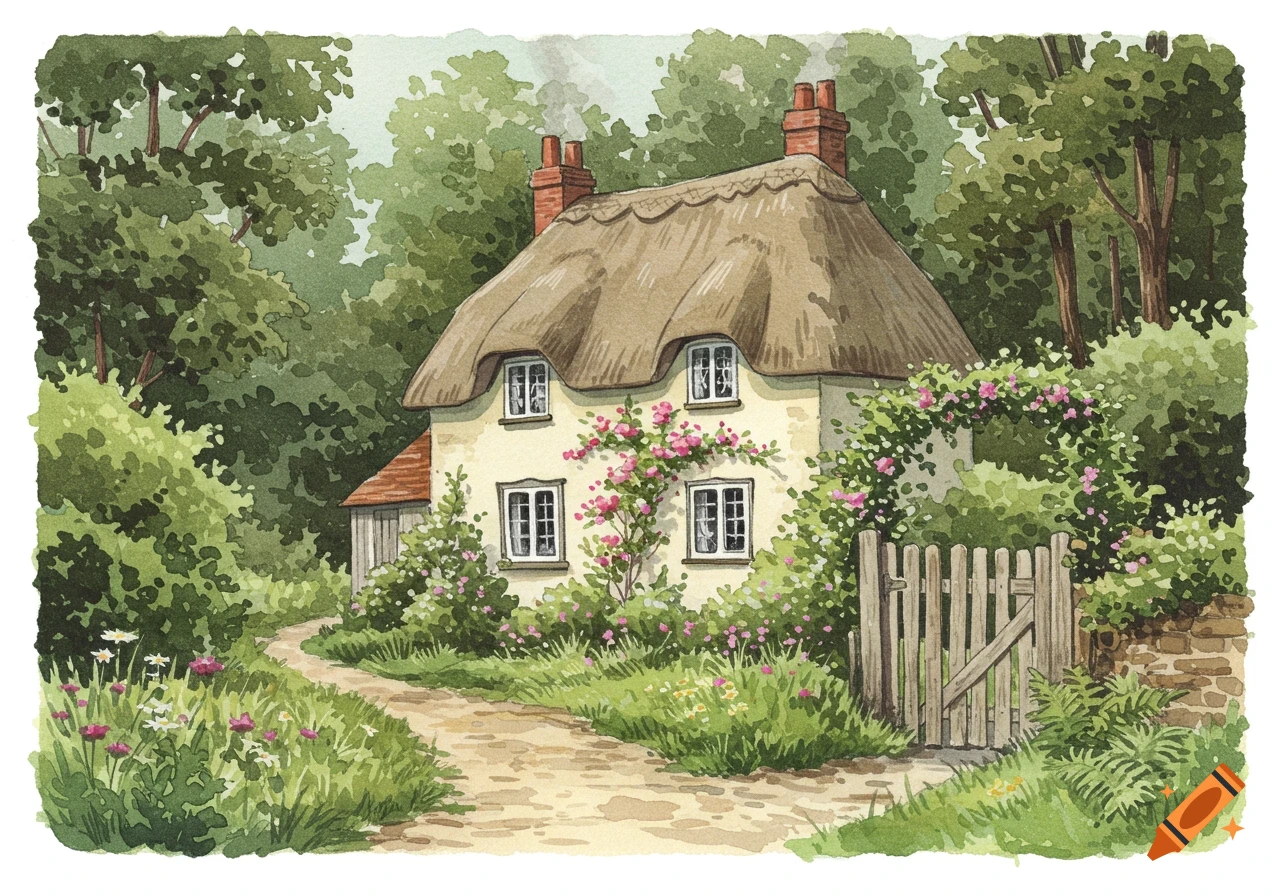 A watercolor drawing of a British cottage with a thatched roof, garden, and path leading into a forest.