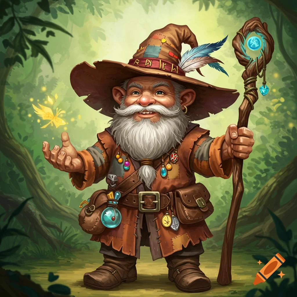 Cheerful fantasy gnome wizard in forest with staff and glowing fairy.