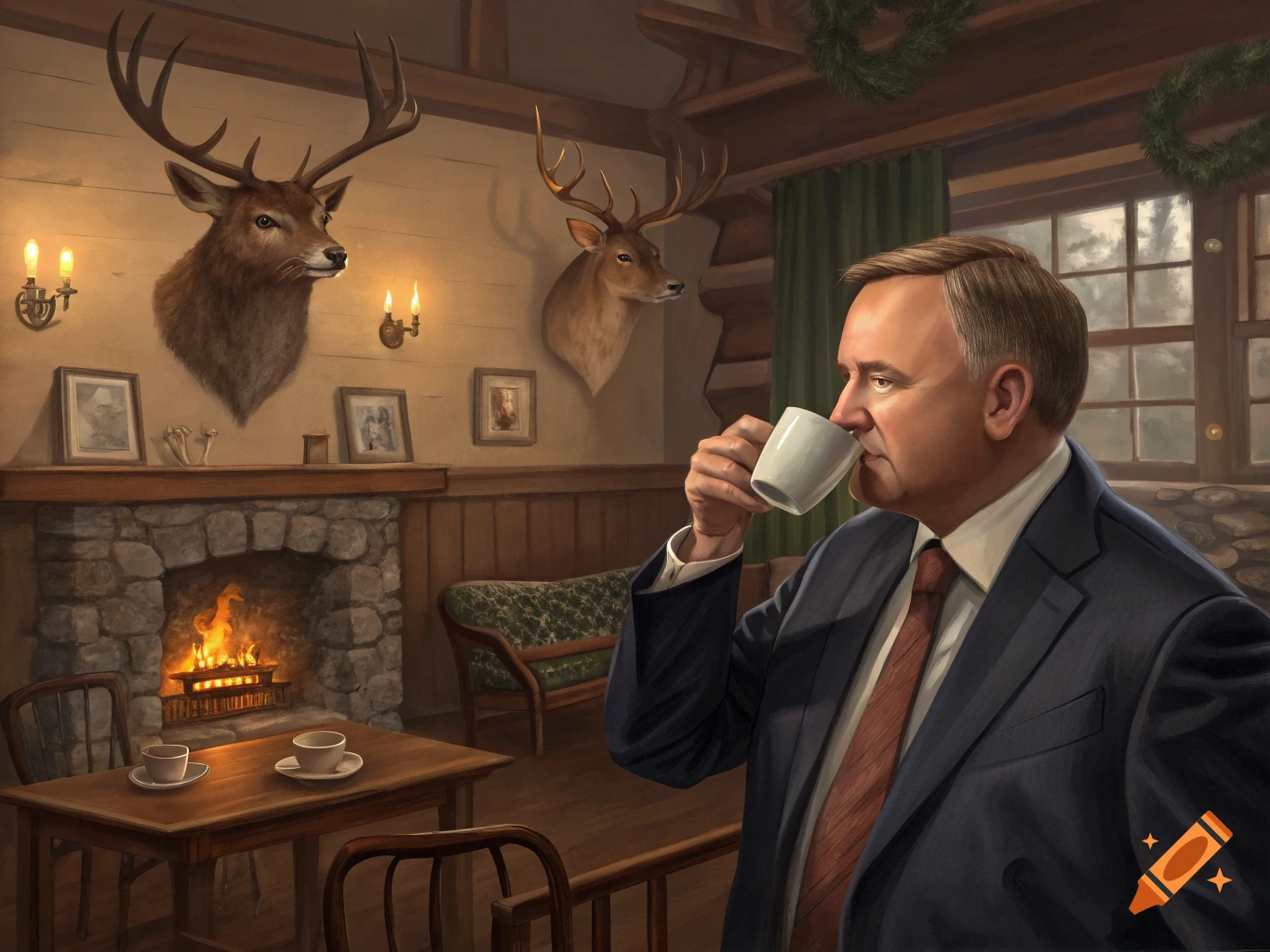 A man drinks coffee in a rustic hunting lodge with deer taxidermy heads mounted above a fireplace.