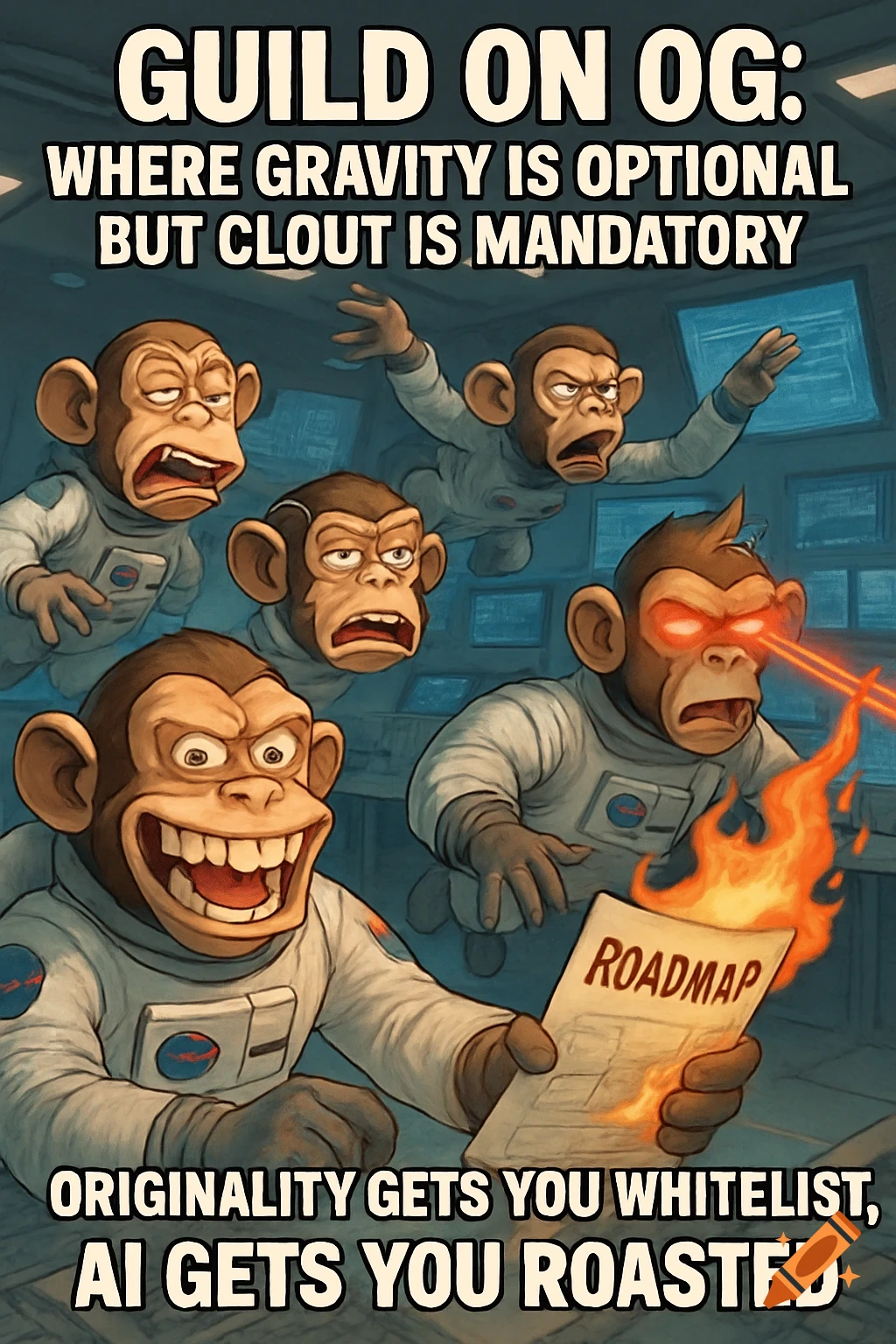 Cartoon monkeys in spacesuits float in space control room. One has laser eyes, another holds a burning roadmap. Text overlay.