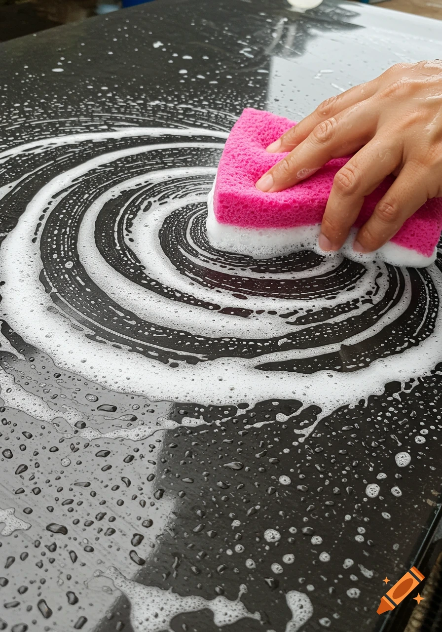 A hand uses a pink sponge to clean a dark surface with swirling soap suds.