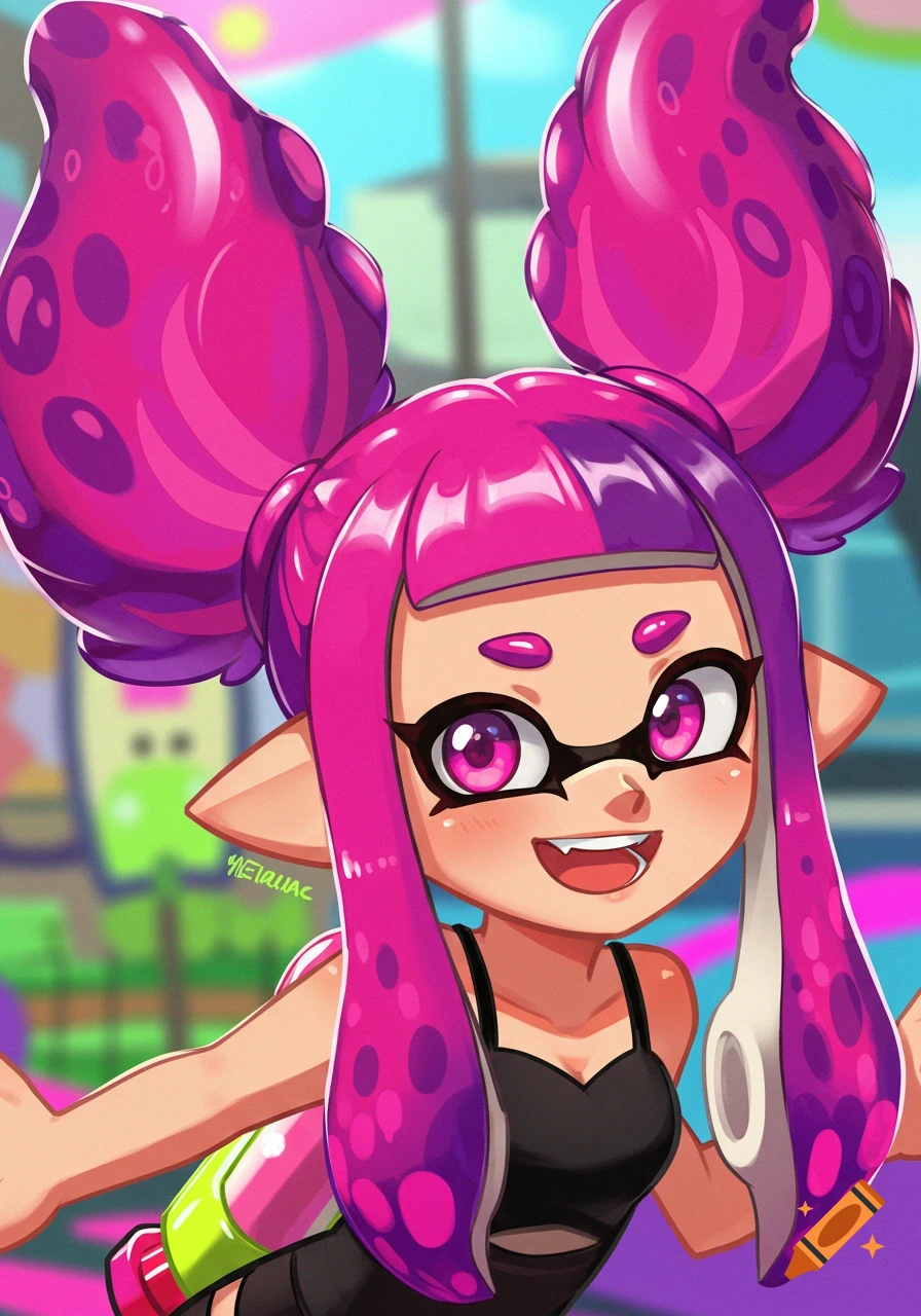 Close-up anime illustration of Frye from Splatoon, smiling with pink tentacles, glasses, and black dress.
