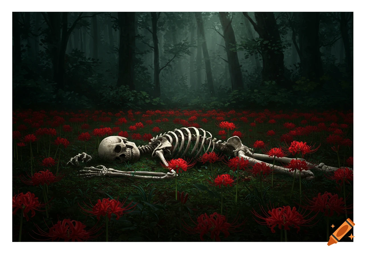A skeleton lies in a dark forest floor covered with red spider lilies, in a fantasy art style.