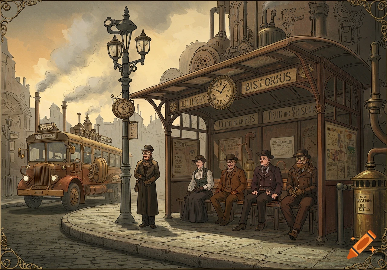 Steampunk bus stop scene with people waiting and bus. Illustration.
