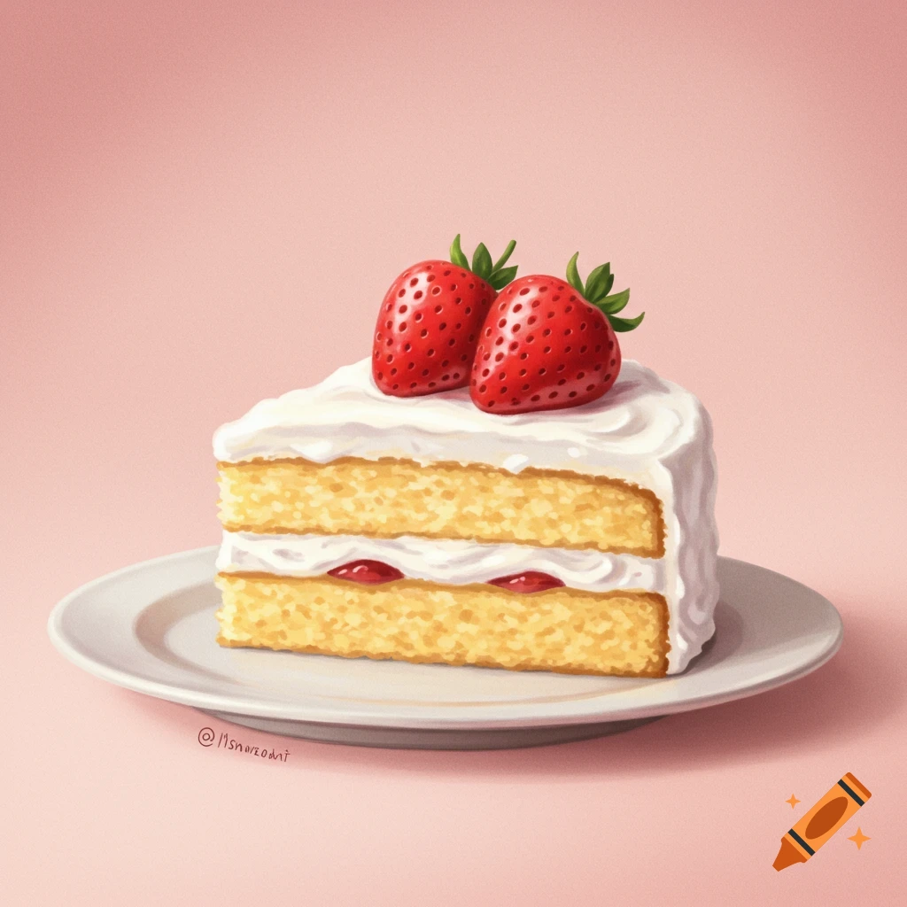 A slice of strawberry shortcake on a white plate, illustration style ...