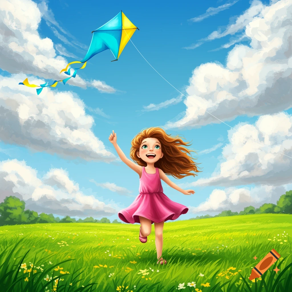 An illustration of a happy girl running in a grassy field, flying a colorful kite under a blue sky with clouds.