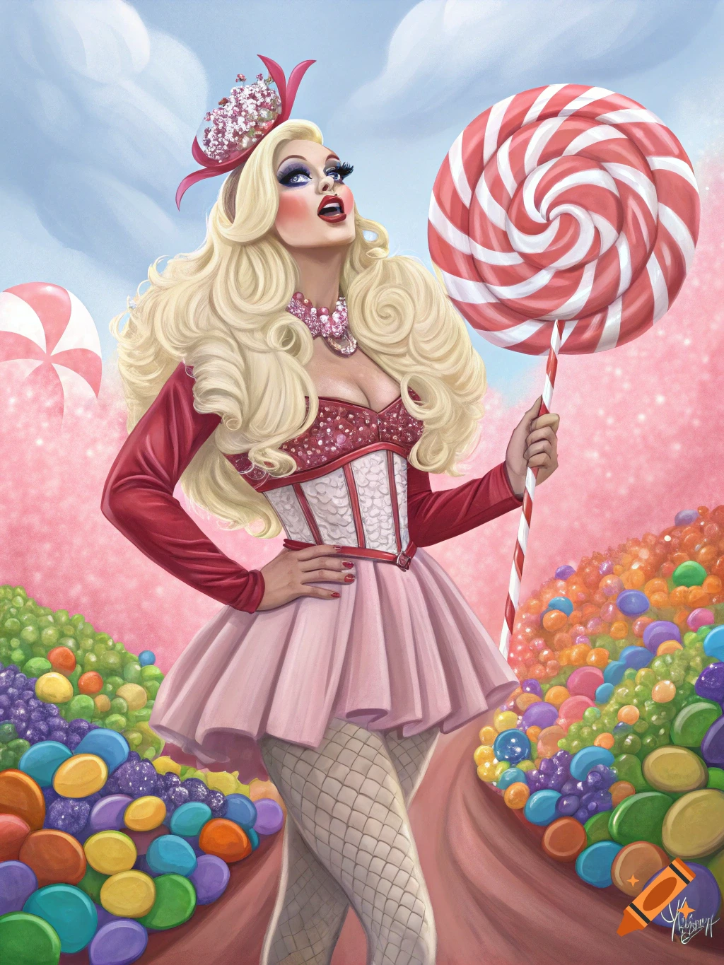 Illustration of a drag queen in a pink candy outfit holding a large lollipop in a candy land.