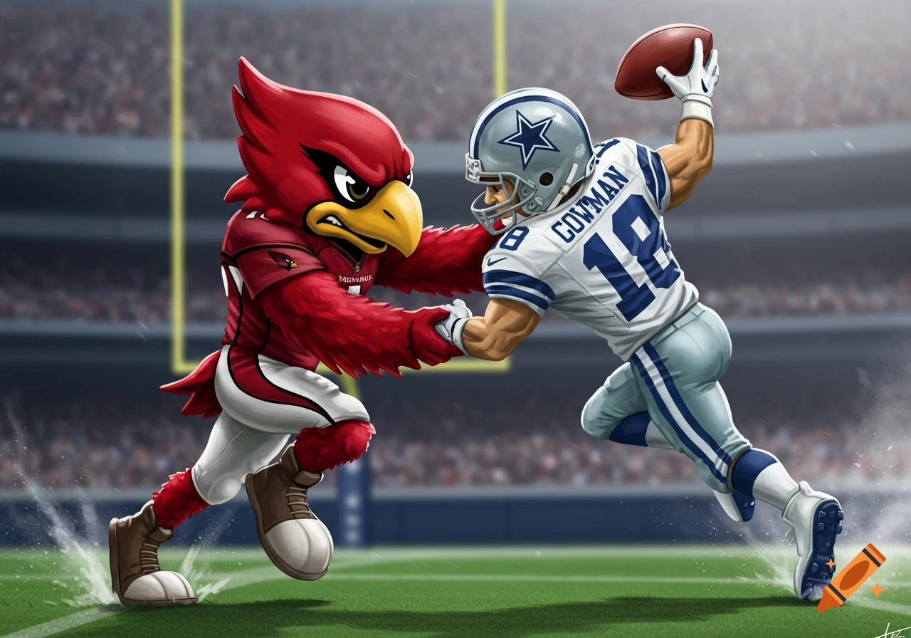 A cartoon cardinal mascot tackles a football player in a Cowboys uniform.