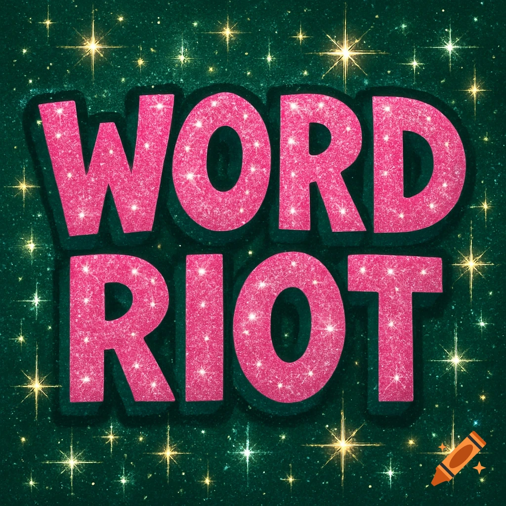 Pink glittery text 'WORD RIOT' on a dark green sparkly background with golden star sparkles.