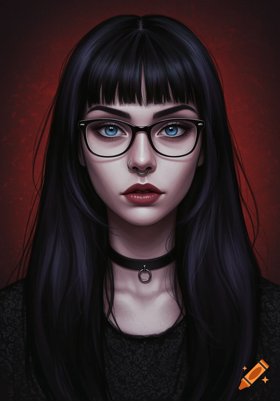 Digital painting of a woman with black hair, bangs, glasses, septum piercing, and a choker.