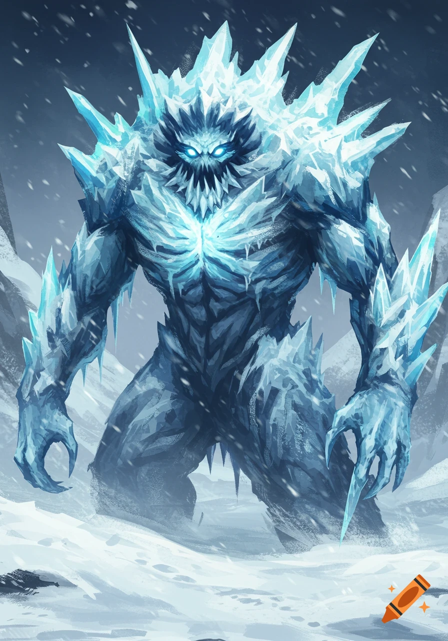 An illustration of a large ice monster with glowing eyes standing in a snowy landscape.