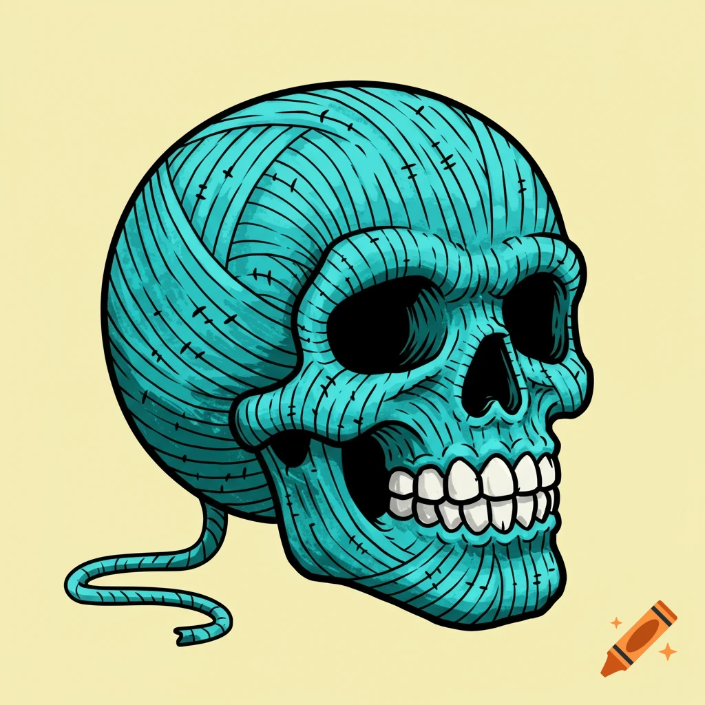 A cartoon skull made of turquoise yarn on a yellow background.