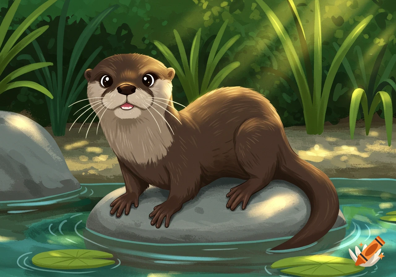 A cartoon otter sits on a rock in a stream surrounded by foliage and lily pads.