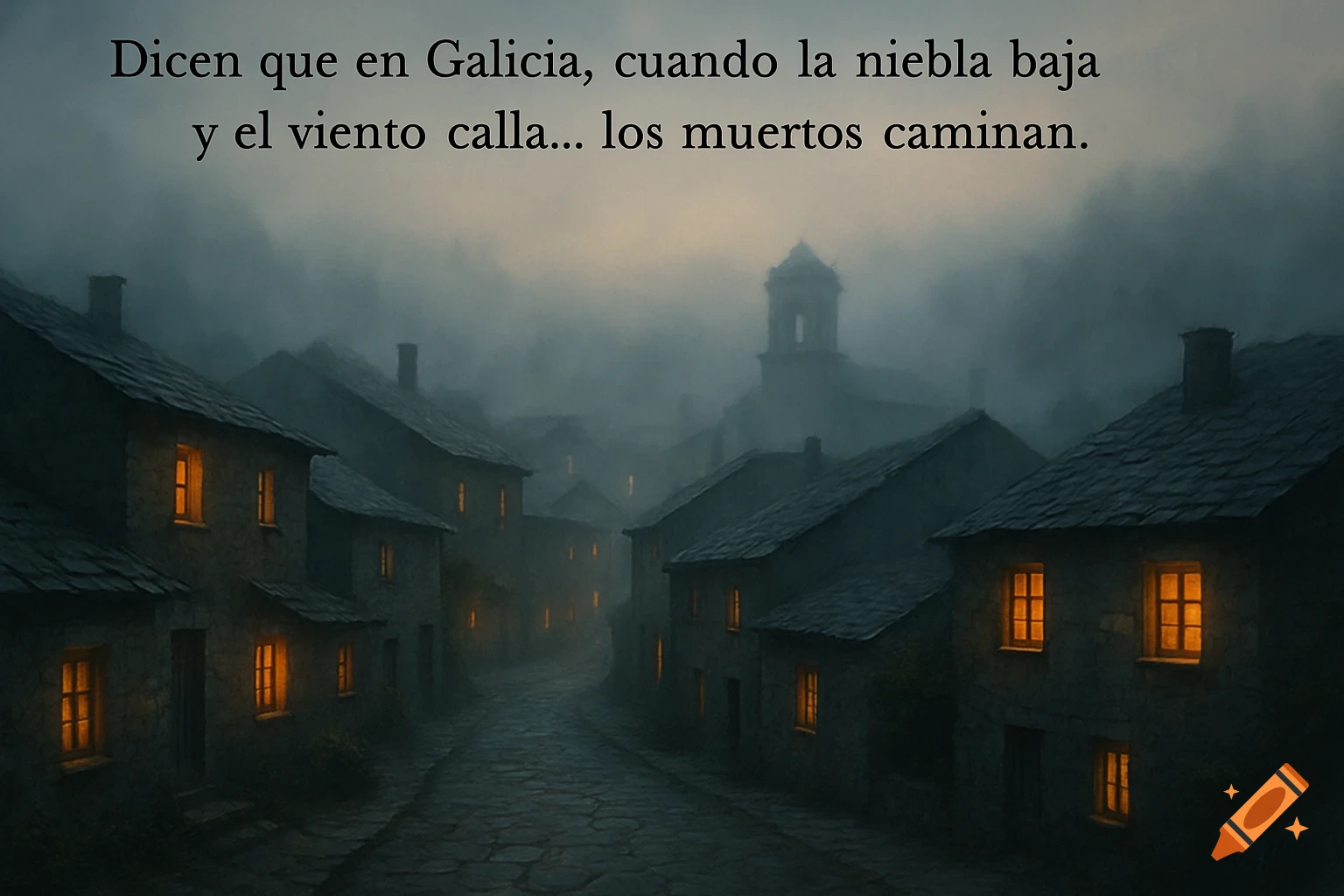 A foggy, dark village with stone houses and glowing windows at dusk.