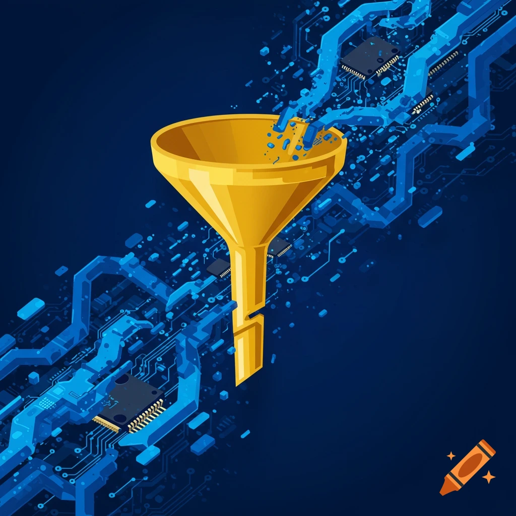 Abstract illustration of blue data flowing into a gold funnel amidst circuitry on a dark blue background.