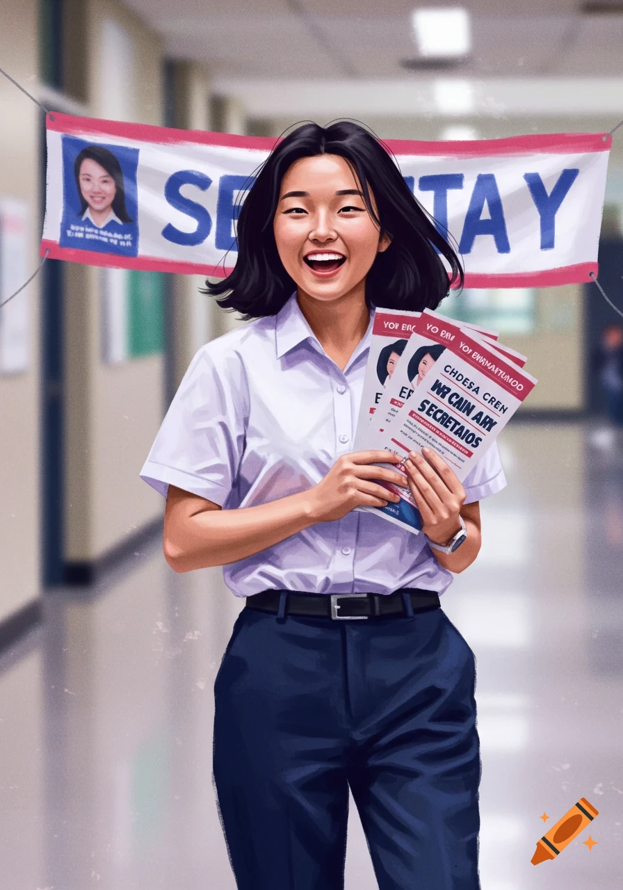 Illustration of a smiling student holding election flyers in a school hallway.
