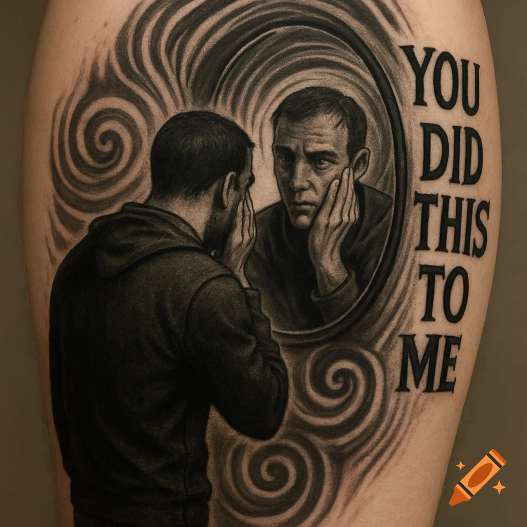 Illustrative tattoo of a man looking into a mirror at himself, holding his face, with swirling background and text 'YOU DID THIS TO ME'.
