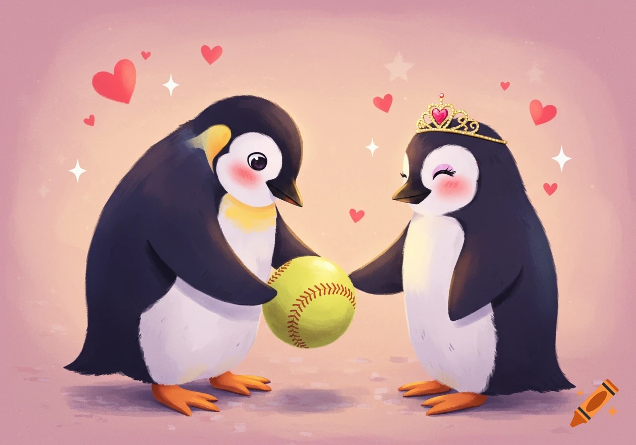Two cute cartoon penguins, one with a crown, hold a softball. Hearts and stars float around them in a sweet illustration style.