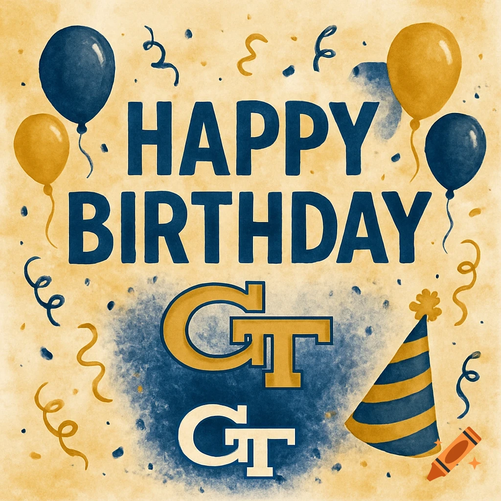 Watercolor illustration of a happy birthday message with Georgia Tech logo, balloons, confetti, and party hat.