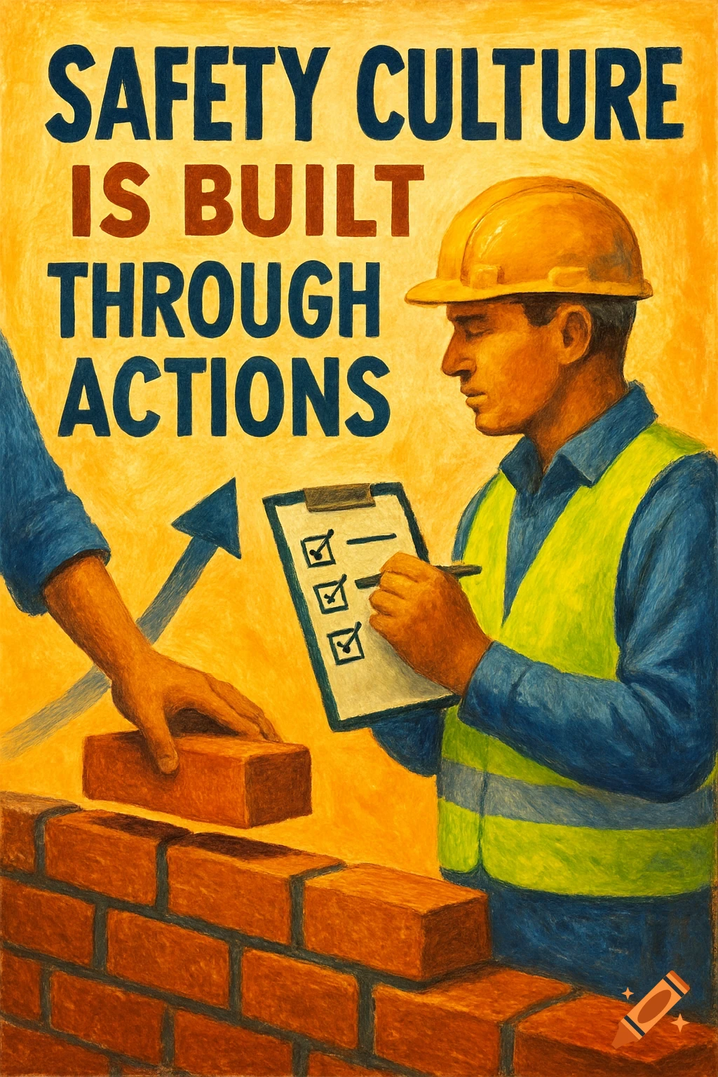 Painterly poster about safety culture with construction workers and text