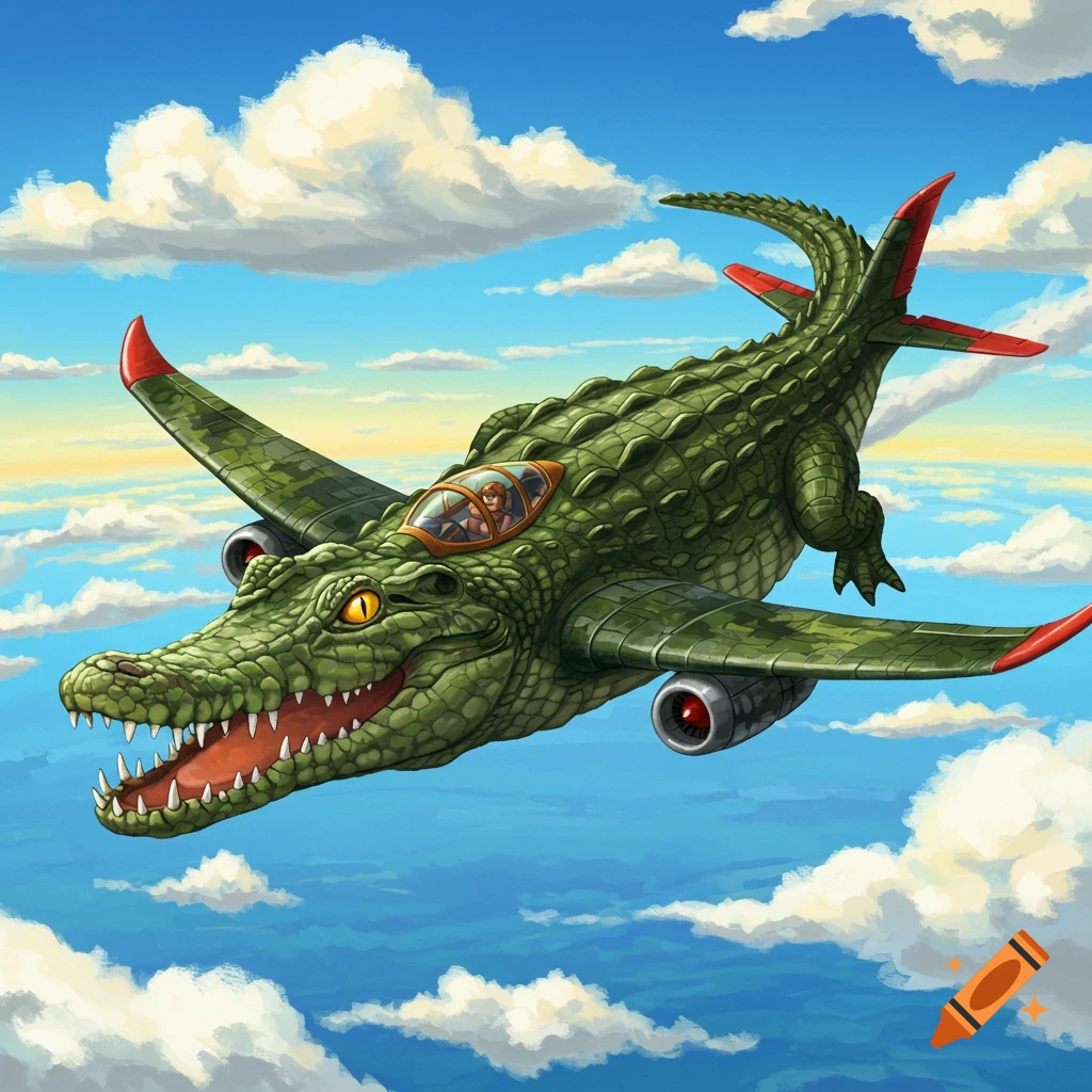 An illustration of a green crocodile shaped like an airplane flying ...