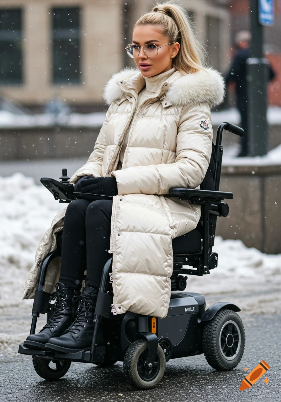 A blonde woman in an electric wheelchair wears a long puffer coat and glasses on a snowy street.