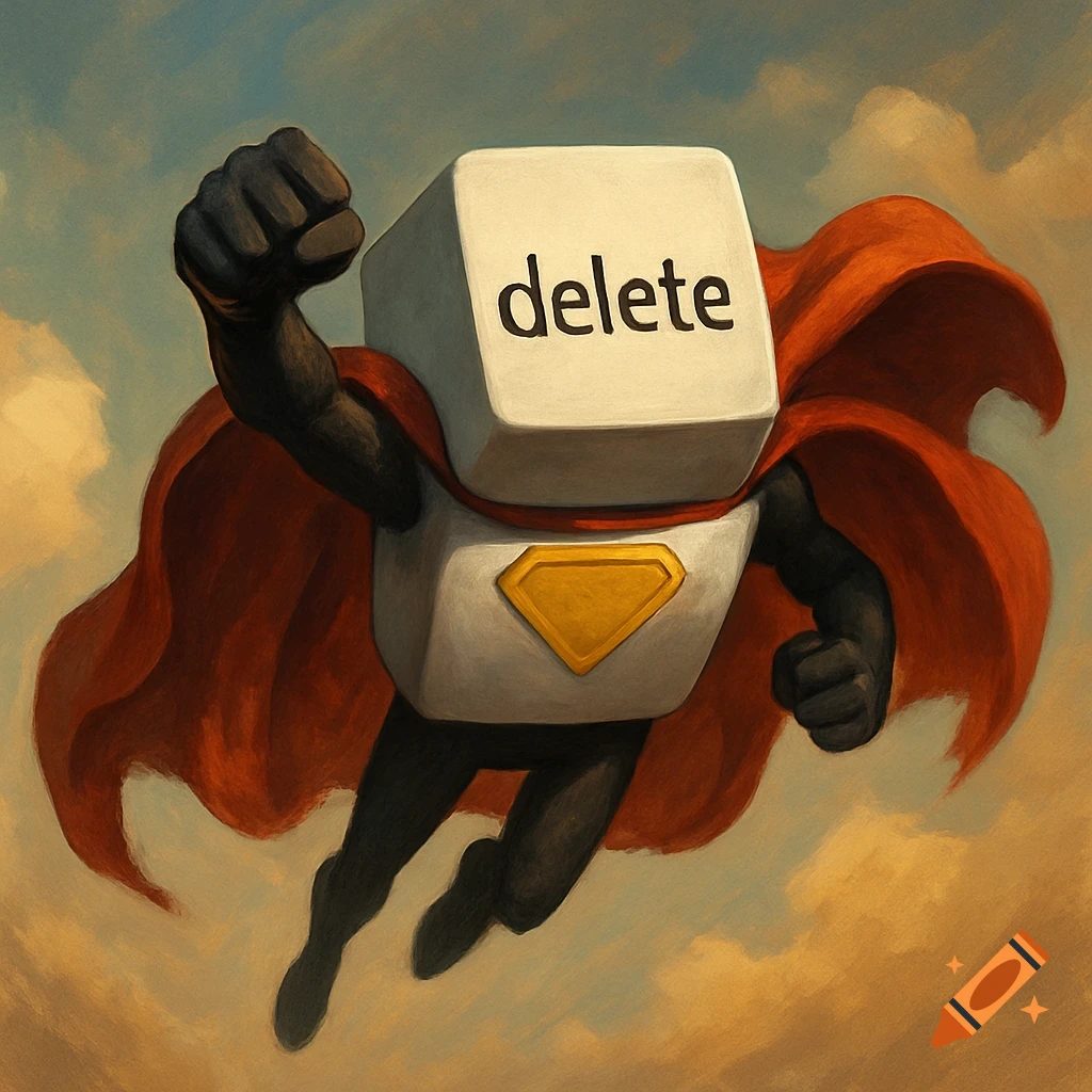A computer delete key superhero with a red cape flies through the sky in a painting style.