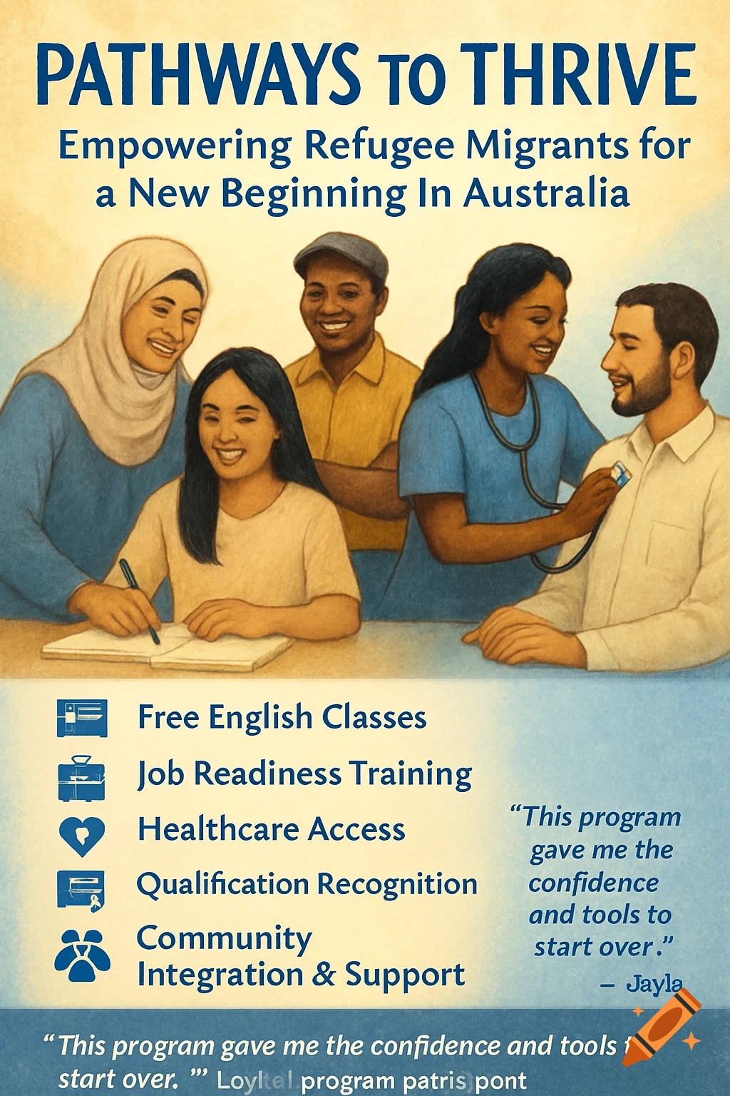 Poster titled 'Pathways to Thrive' showing diverse smiling people, icons for services, and text about refugee support. Stylized illustration.