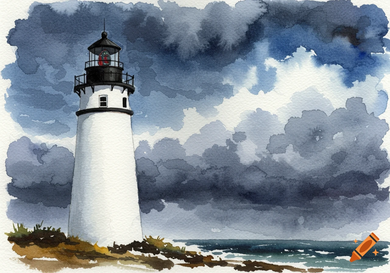 Watercolor painting of a white lighthouse on a rocky shore under dark, stormy clouds.