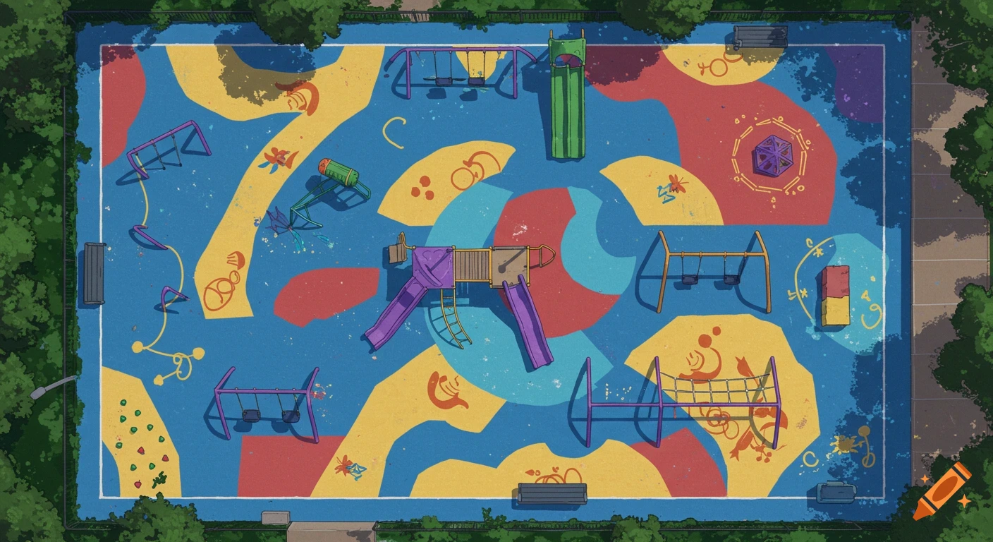 Aerial view illustration of a colorful playground with slides, swings, and patterned ground.