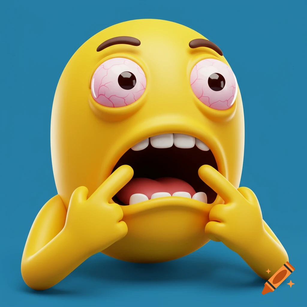 3D digital illustration of a yellow emoji character with red-veined eyes, wide open mouth, pulling its lower lip with fingers in a look of disgust.