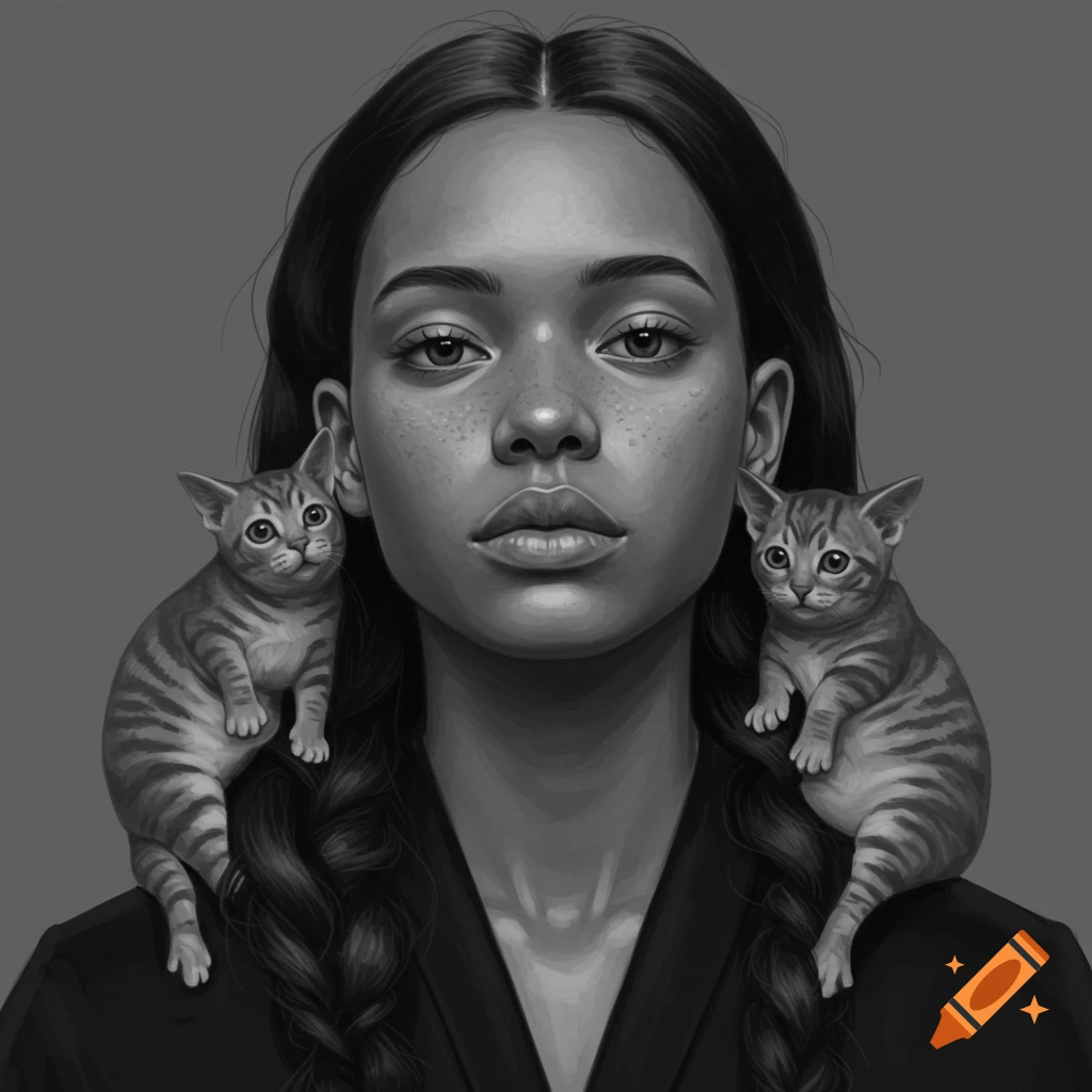 Grayscale portrait of a woman with two tabby kittens on her shoulders.