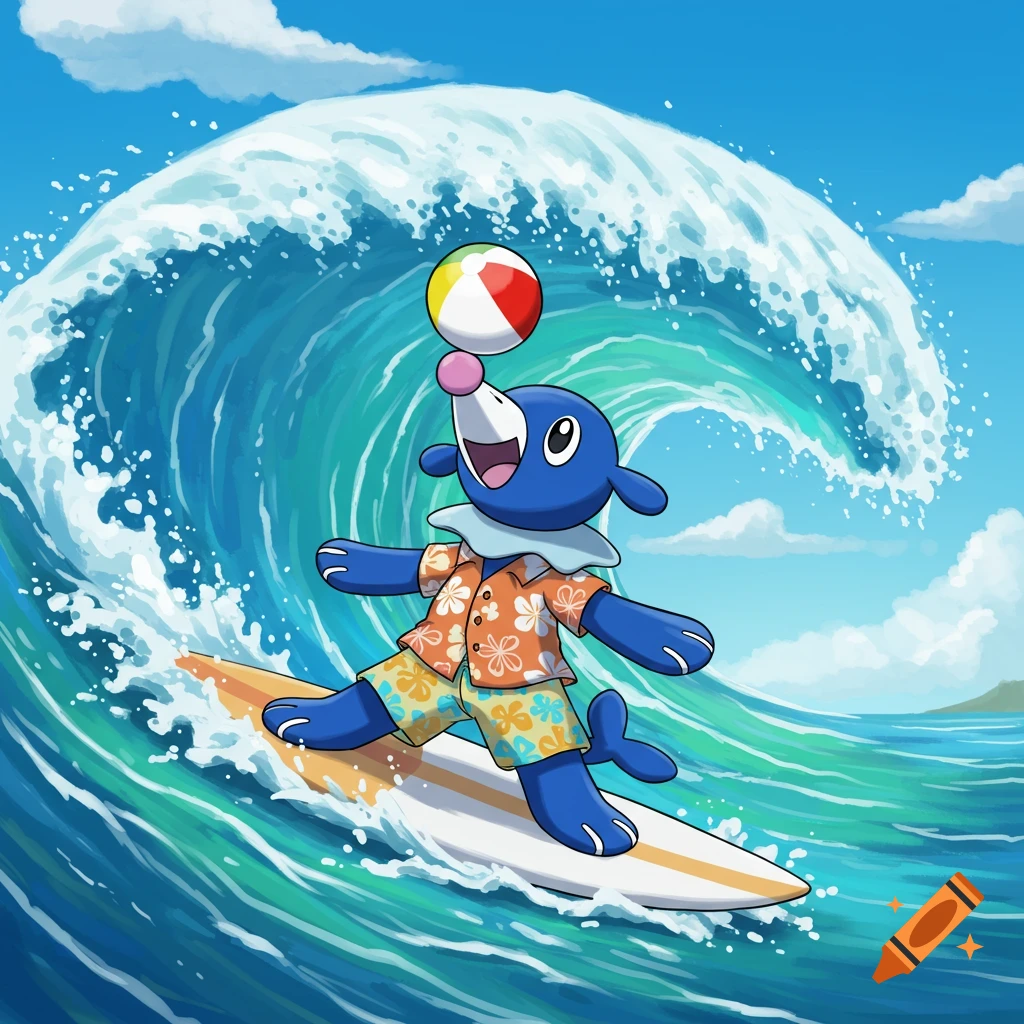 Cartoon illustration of Popplio surfing a big wave, wearing a Hawaiian shirt and balancing a beach ball on its nose.