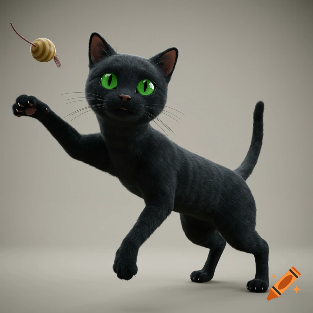 A 3D rendering of a black cat with green eyes reaching for a toy.