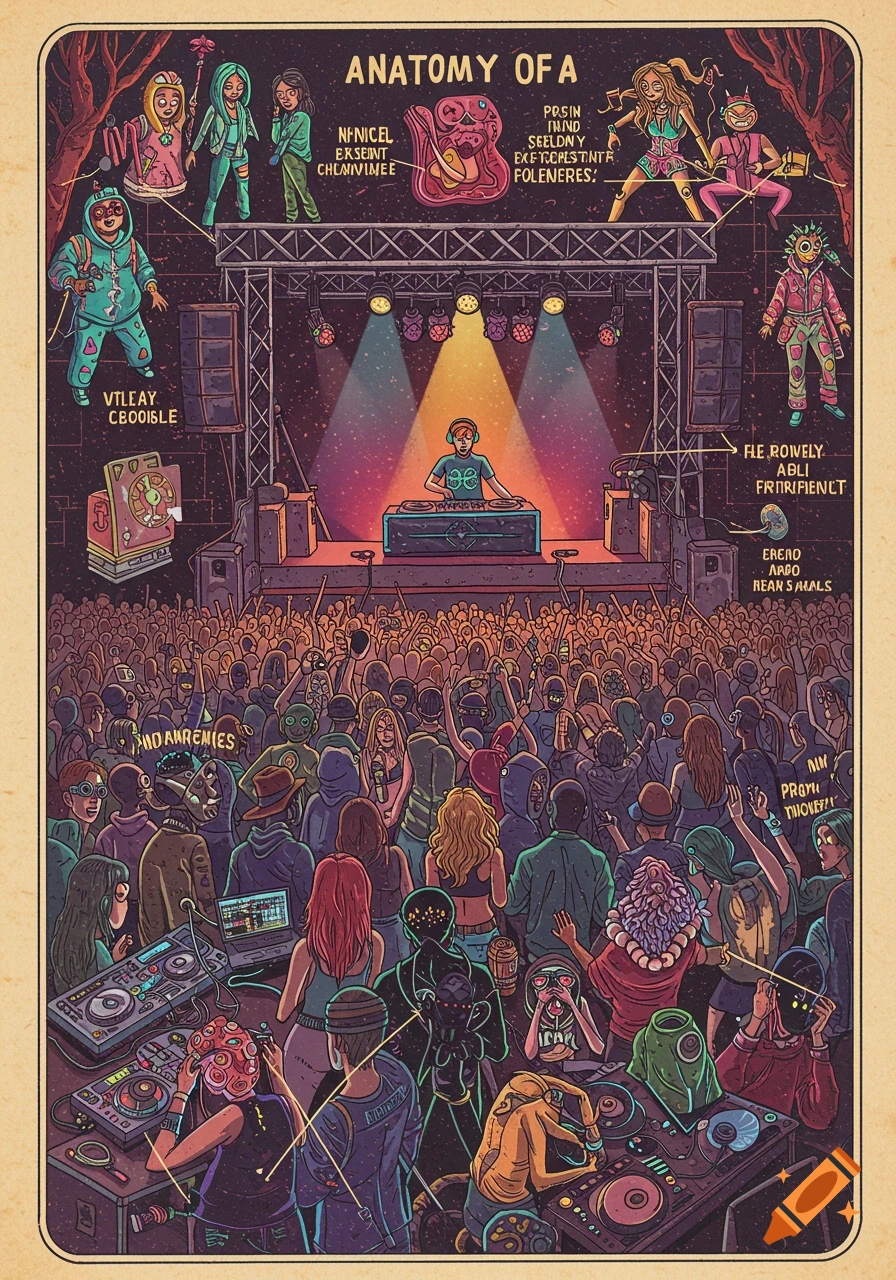 Illustration of a large crowd at a rave party with a DJ on stage and character breakdowns above, in a comic book style.