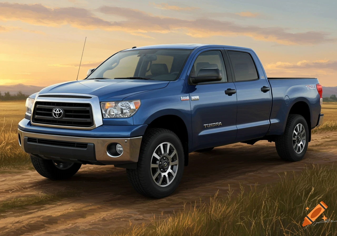 Illustration of a blue Toyota Tundra pickup truck on a dirt road at sunset.